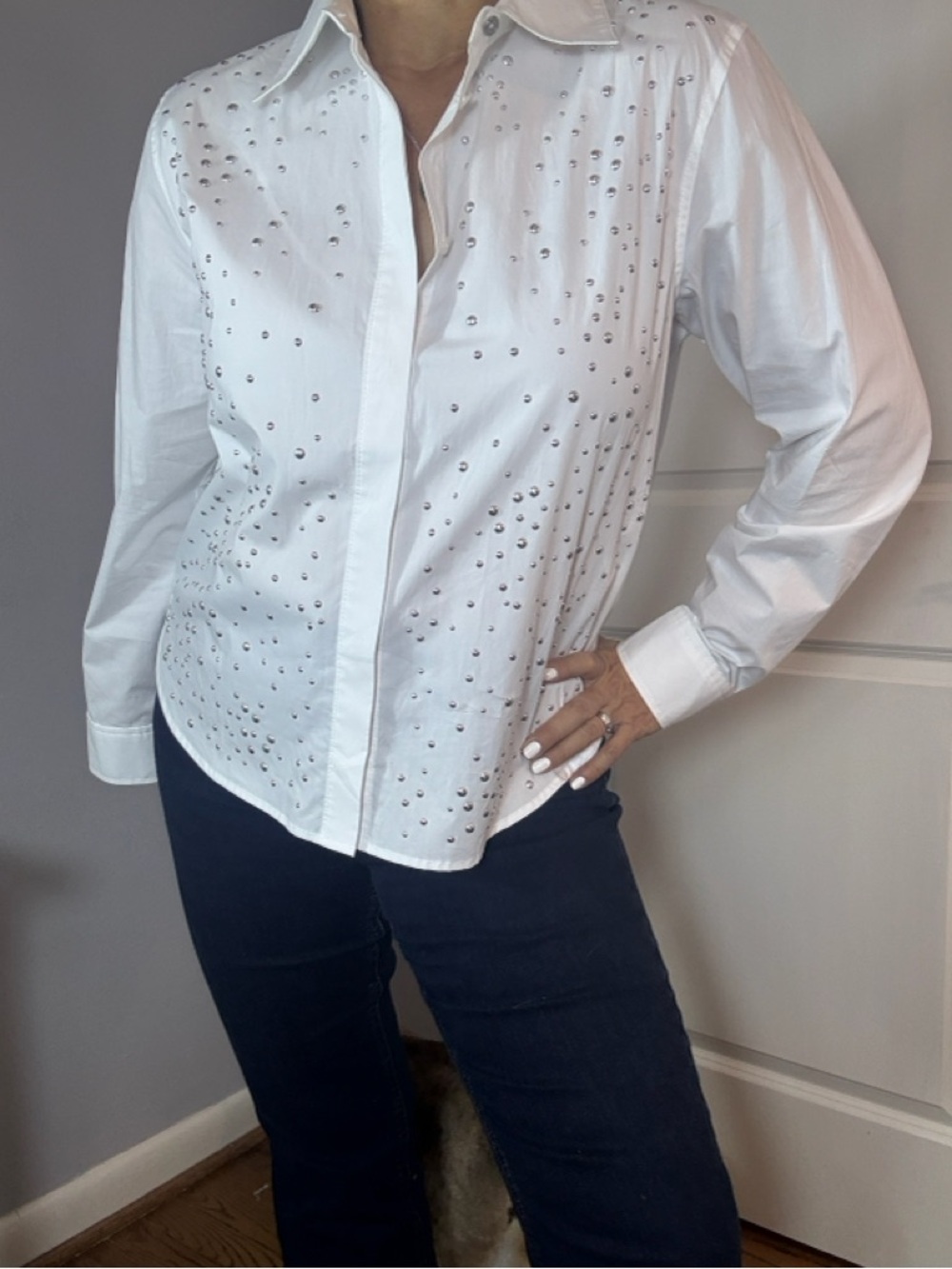 DKNY White Women Stud-Embellished Button-Down Long Sleeve Blouse